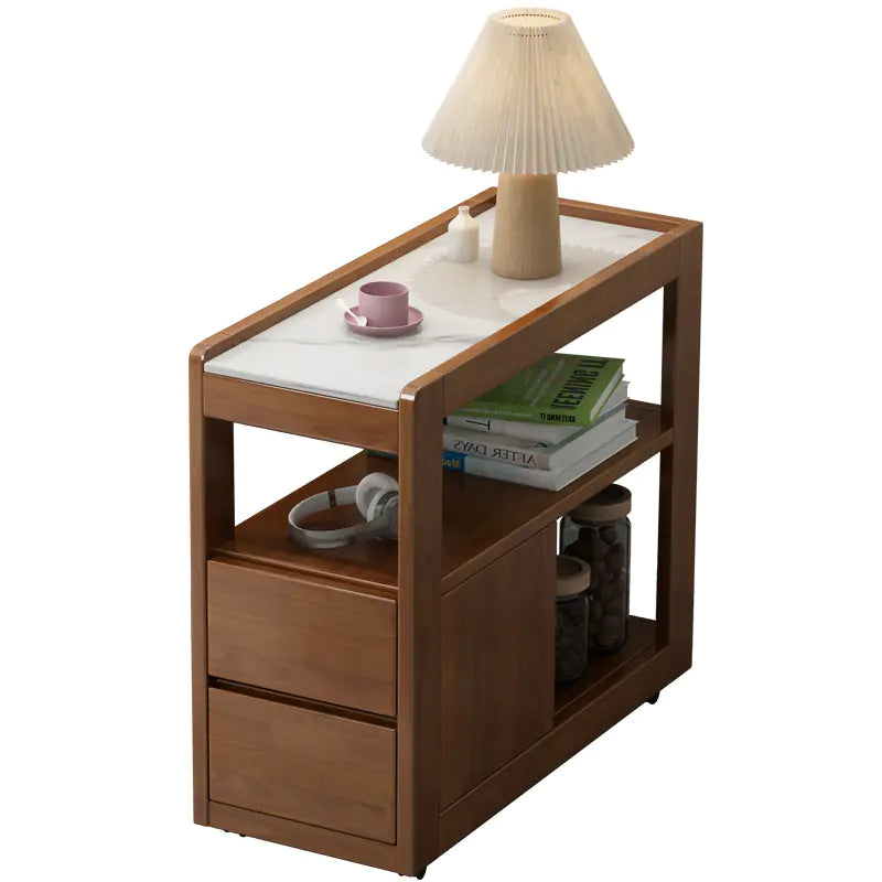 Mobile Solid Wood Sofa Side Table with Wheels