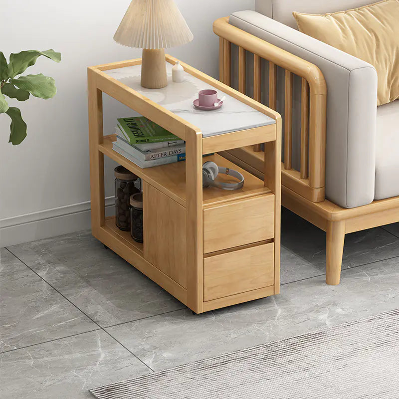 - Rustic Wooden Side Table – Mobile Sofa Companion with Functional Wheels for Cozy Interiors