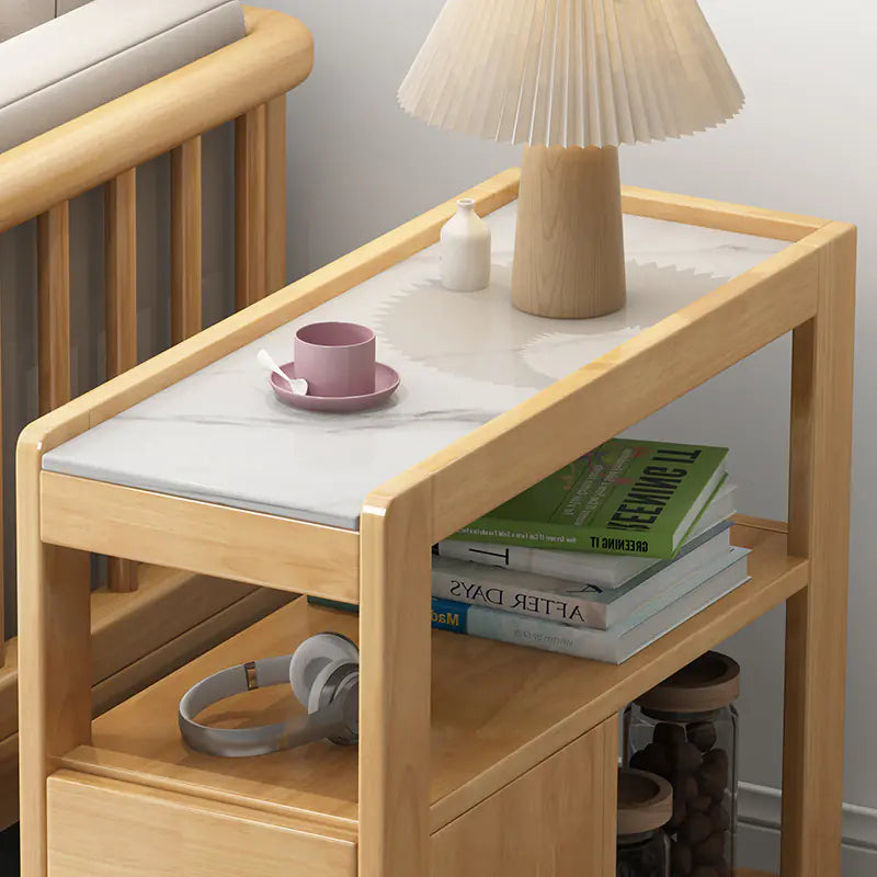 Mobile Solid Wood Sofa Side Table with Wheels