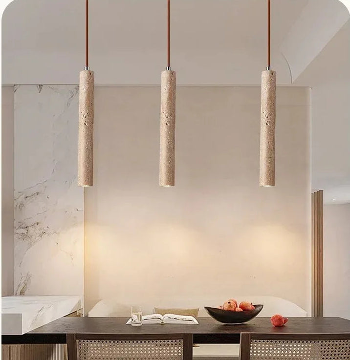Elegant Retro Pendant Light – Modern Travertine & Walnut Tube Lamp for Bedside & Dining Décor