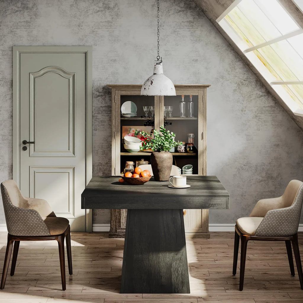 Rustic Square Kitchen Table - 4-Person Dining Table with Sturdy Pedestal Base