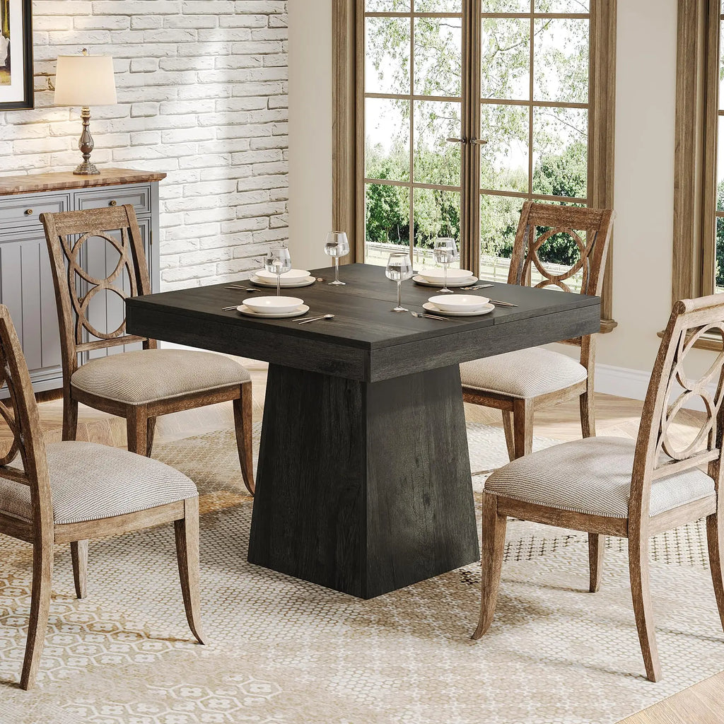 Rustic Square Kitchen Table - 4-Person Dining Table with Sturdy Pedestal Base