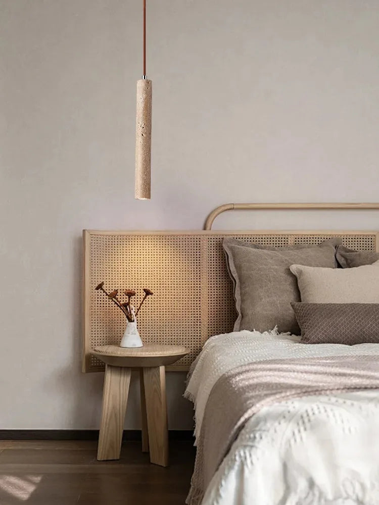 Elegant Retro Pendant Light – Modern Travertine & Walnut Tube Lamp for Bedside & Dining Décor