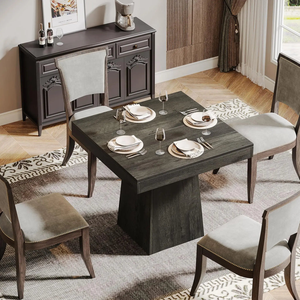 Rustic Square Kitchen Table - 4-Person Dining Table with Sturdy Pedestal Base