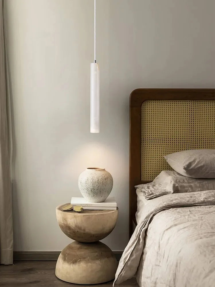 Elegant Retro Pendant Light – Modern Travertine & Walnut Tube Lamp for Bedside & Dining Décor