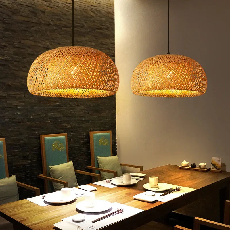 Bamboo Lantern 26cm Pendant Lamp Natural Rattan Wicker E27 LED Chandeliers Hand-Woven Lampshades Lighting Fixture Hanging Light