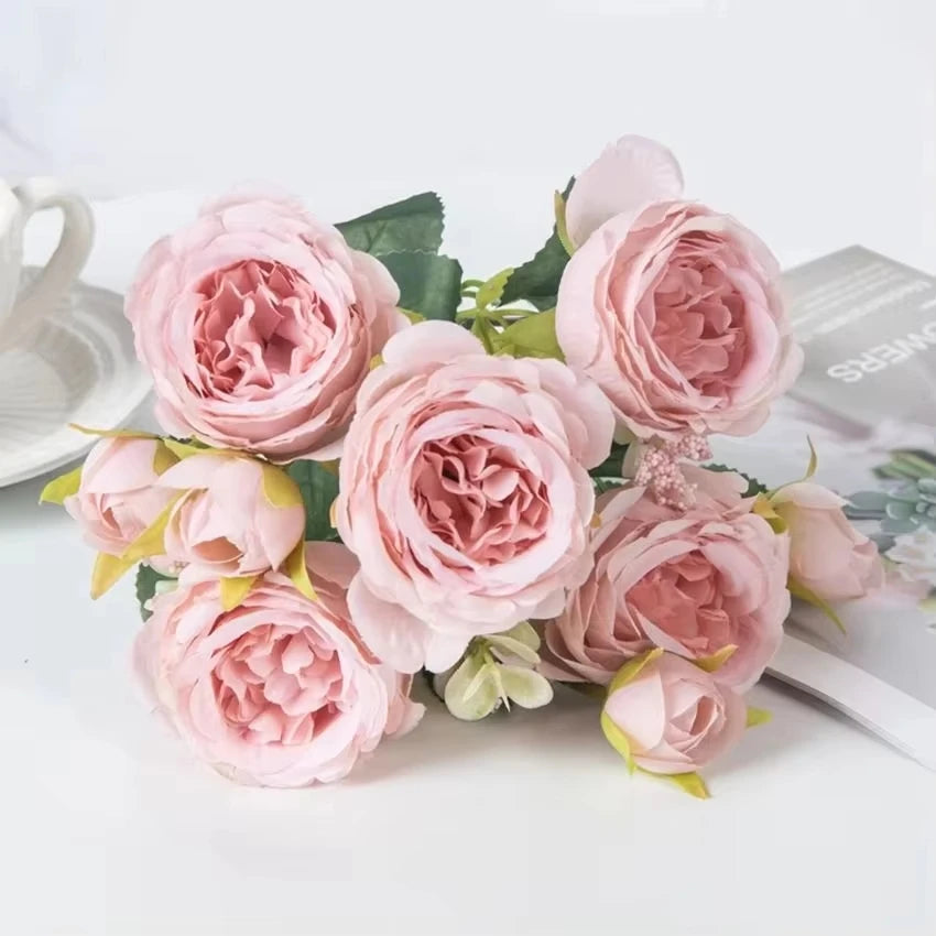 Artificial Flowers Fake Silk White Peonies Used for Home Room Vase Decoration Christmas Wreath Wedding Bouquet Party Accessories
