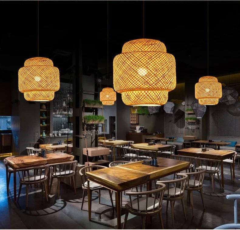 Bamboo Lantern 26cm Pendant Lamp Natural Rattan Wicker E27 LED Chandeliers Hand-Woven Lampshades Lighting Fixture Hanging Light