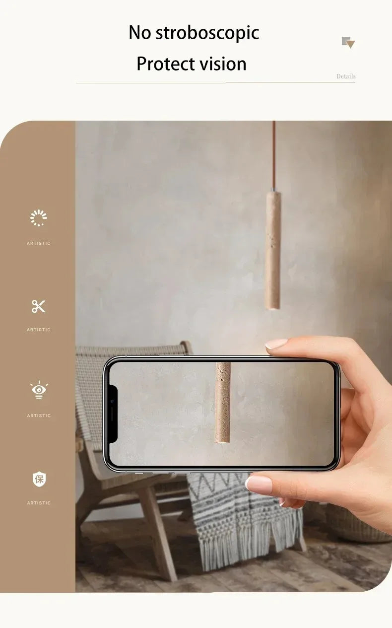 Elegant Retro Pendant Light – Modern Travertine & Walnut Tube Lamp for Bedside & Dining Décor