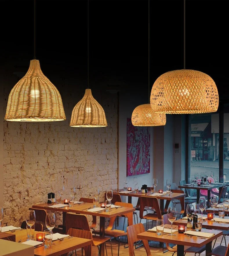 Bamboo Lantern 26cm Pendant Lamp Natural Rattan Wicker E27 LED Chandeliers Hand-Woven Lampshades Lighting Fixture Hanging Light