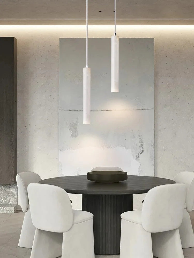 Elegant Retro Pendant Light – Modern Travertine & Walnut Tube Lamp for Bedside & Dining Décor