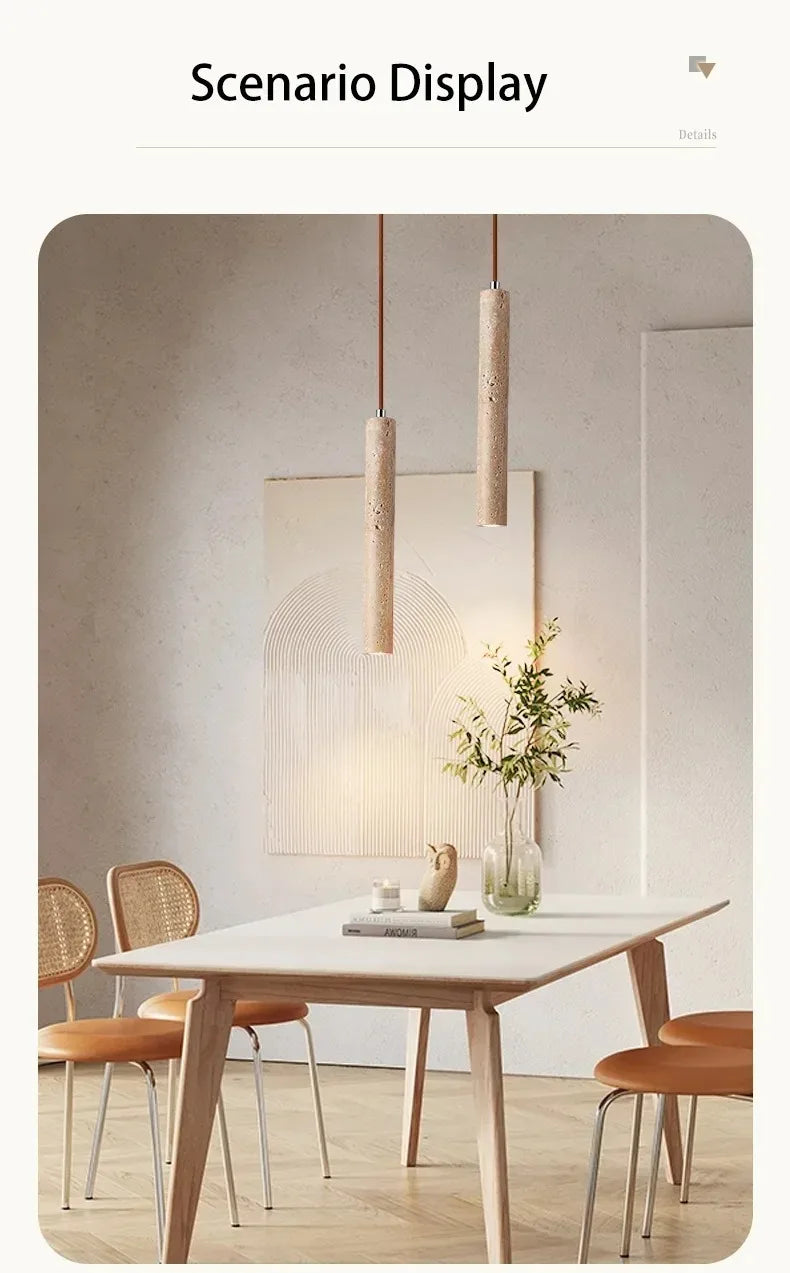 Elegant Retro Pendant Light – Modern Travertine & Walnut Tube Lamp for Bedside & Dining Décor