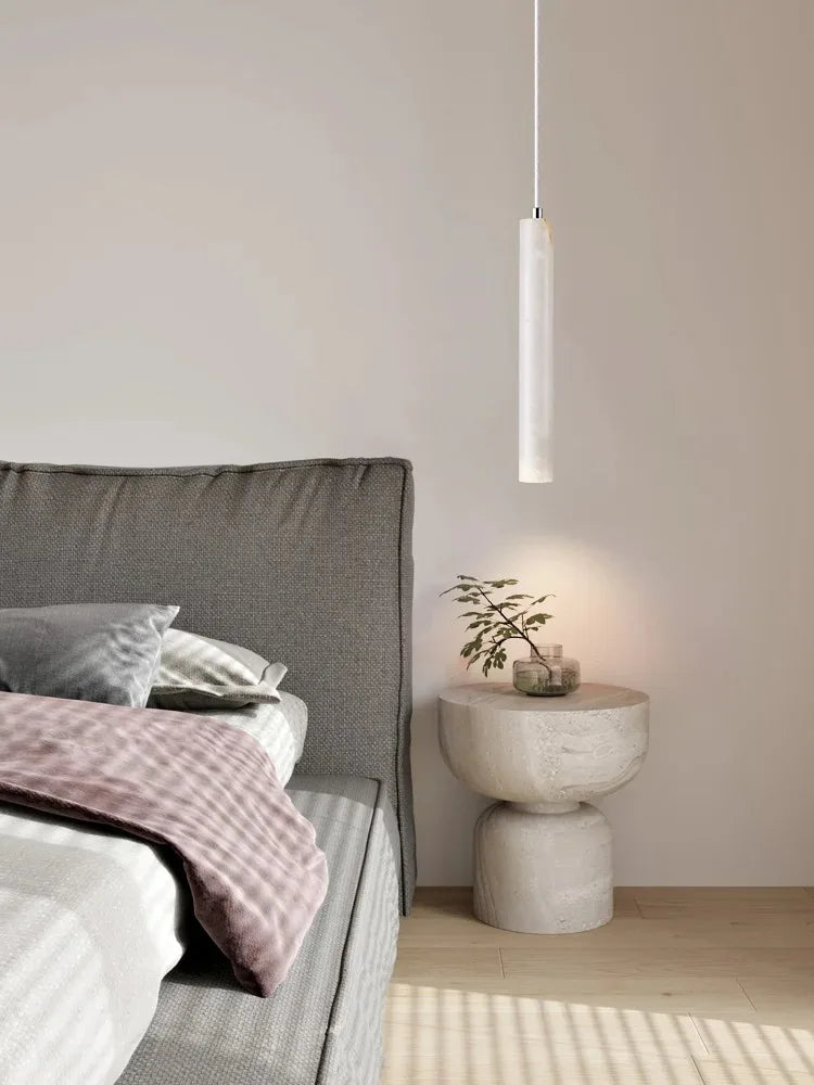 Elegant Retro Pendant Light – Modern Travertine & Walnut Tube Lamp for Bedside & Dining Décor