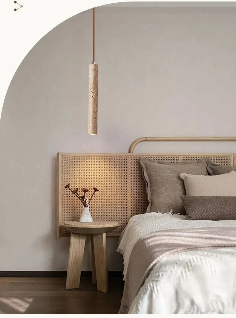 Elegant Retro Pendant Light – Modern Travertine & Walnut Tube Lamp for Bedside & Dining Décor