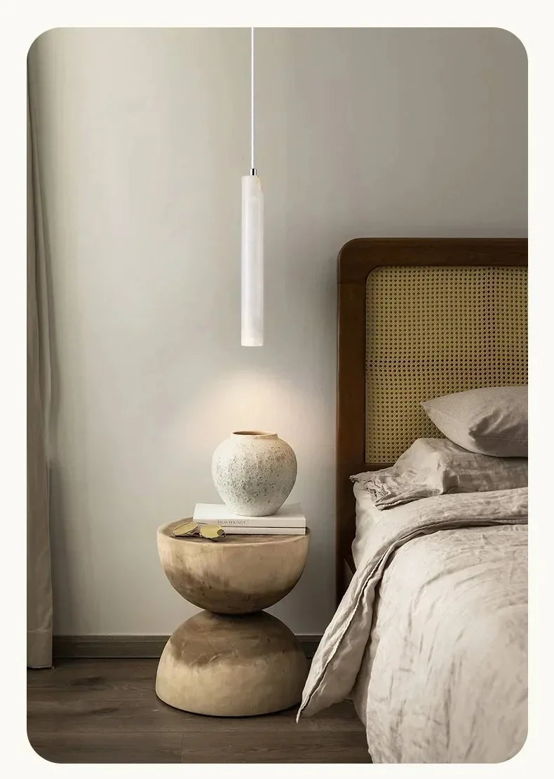 Elegant Retro Pendant Light – Modern Travertine & Walnut Tube Lamp for Bedside & Dining Décor