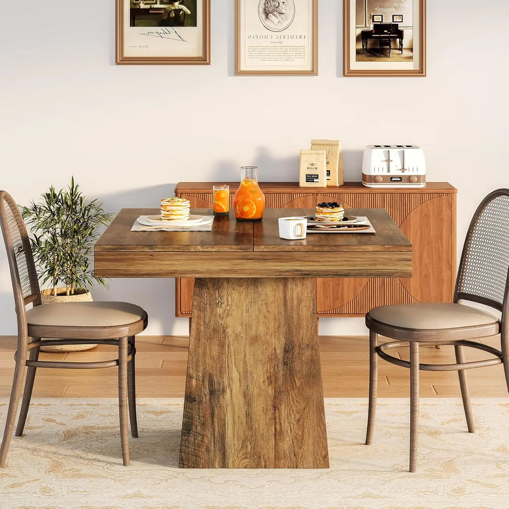 Rustic Square Kitchen Table - 4-Person Dining Table with Sturdy Pedestal Base