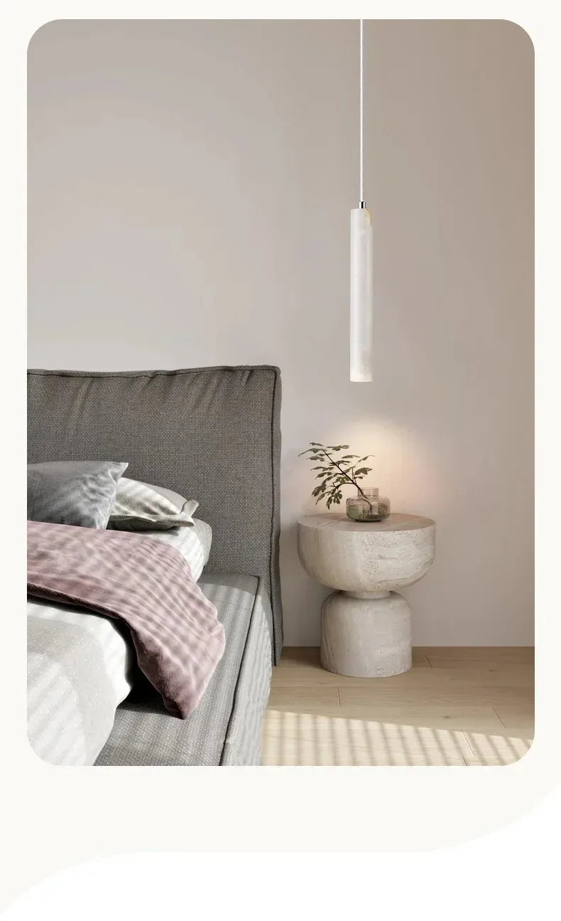 Elegant Retro Pendant Light – Modern Travertine & Walnut Tube Lamp for Bedside & Dining Décor