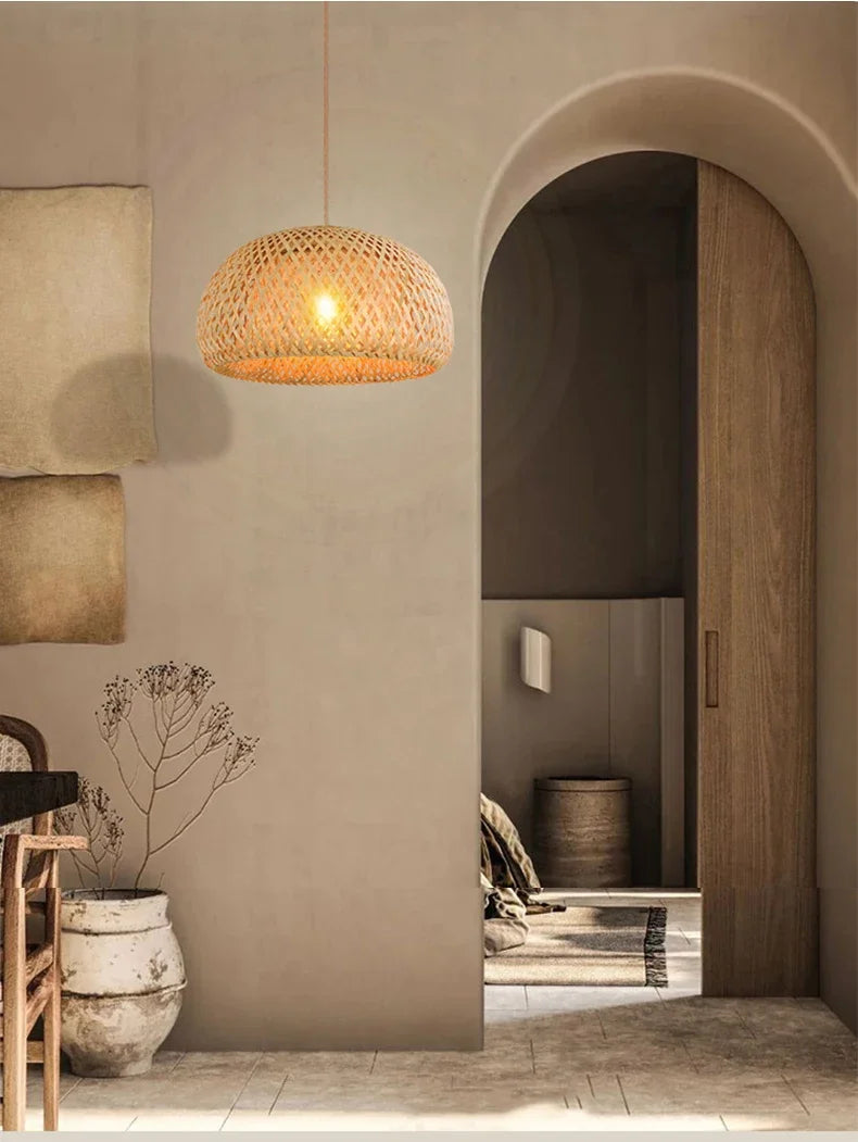Bamboo Lantern 26cm Pendant Lamp Natural Rattan Wicker E27 LED Chandeliers Hand-Woven Lampshades Lighting Fixture Hanging Light