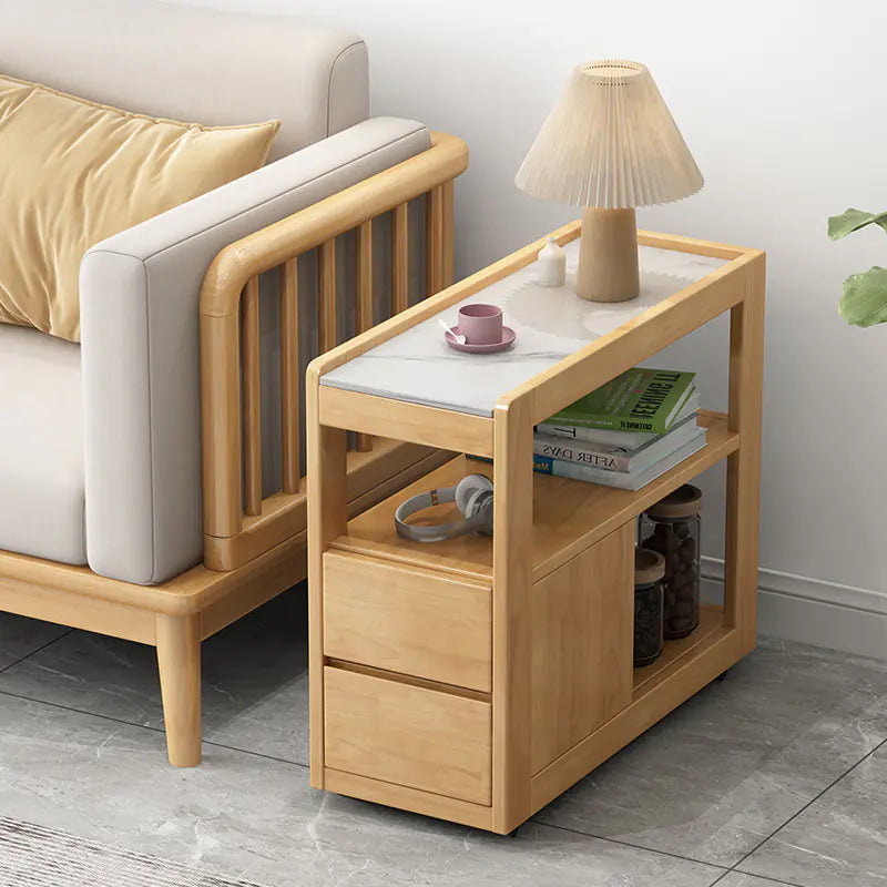 Mobile Solid Wood Sofa Side Table with Wheels